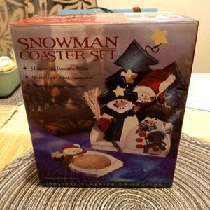 Snowman Holiday Coasters-NEW-Open Box- Wooden & Cork Coaster Set